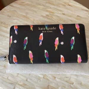 NWT Kate Spade Black Flock Wallet with Colorful Parrot Design